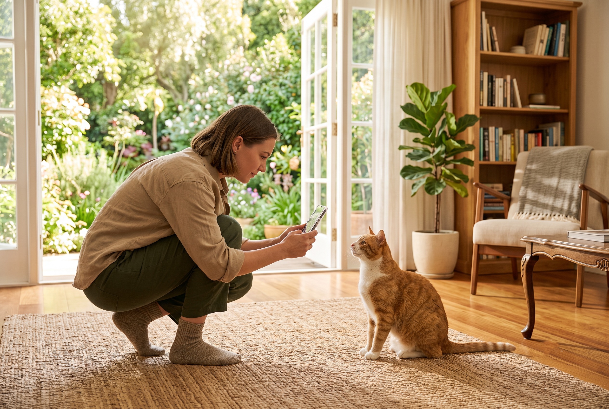 Une personne accroupie prend en photo son chat à hauteur des yeux, en pleine lumière naturelle