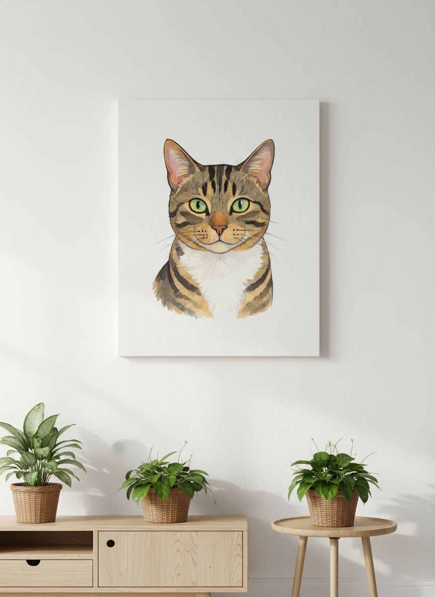 Portrait aquarelle sur toile tendue dans un salon scandinave